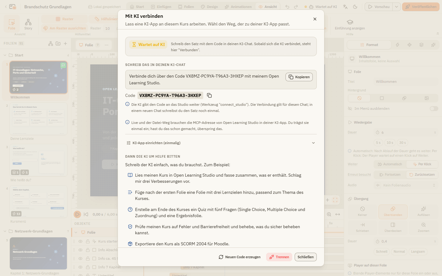 Der Dialog Mit KI verbinden nach Verbindung starten: der Status Wartet auf KI, der Satz mit dem Code und fertige Aufträge
