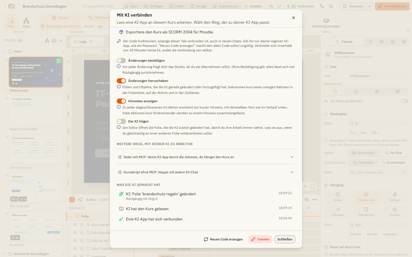 Der Dialog Mit KI verbinden während einer Verbindung: die Schalter Änderungen bestätigen, Änderungen hervorheben, Hinweise anzeigen und Der KI folgen sowie die Liste Was die KI gemacht hat