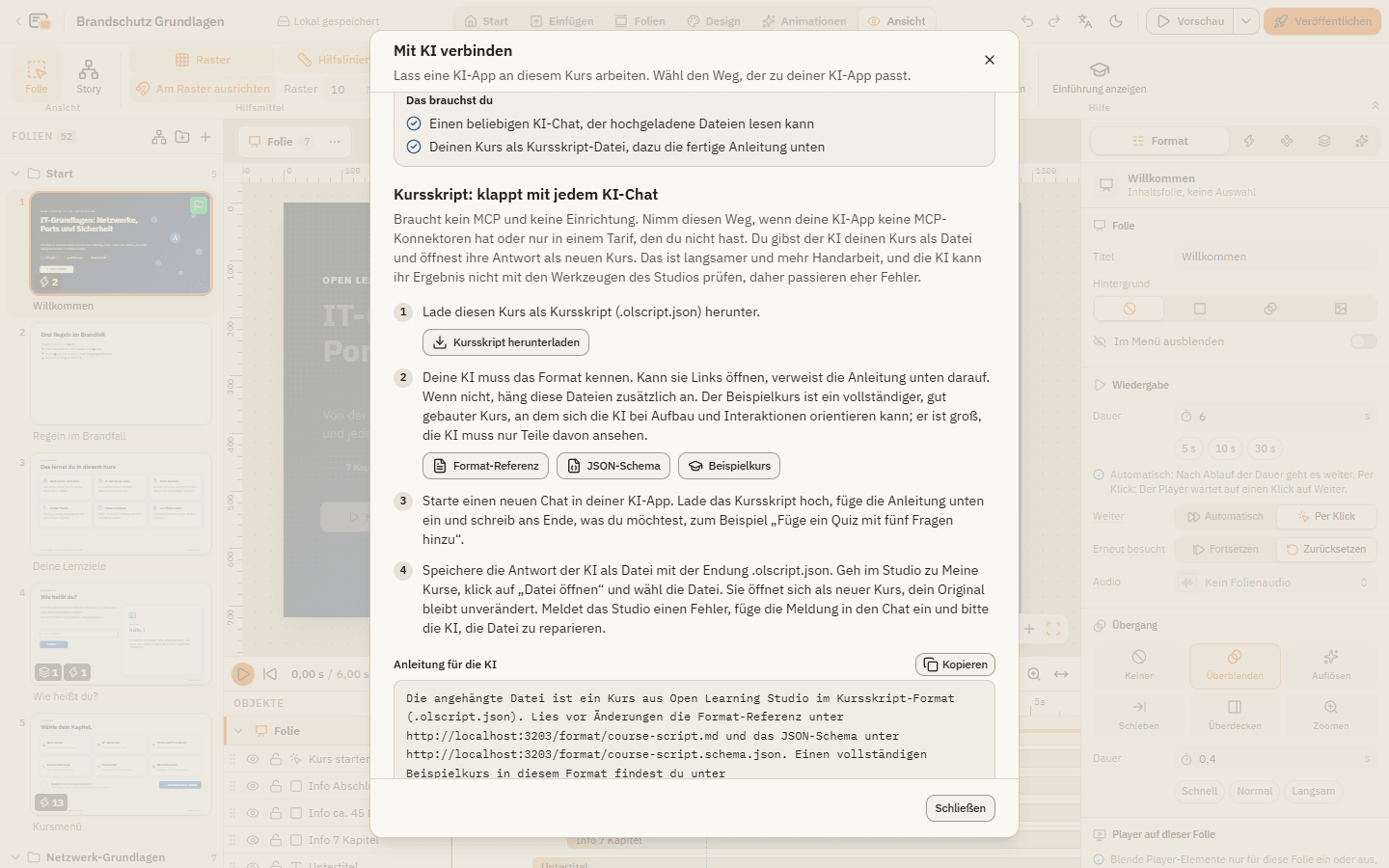 Der Weg Kursskript im Dialog Mit KI verbinden mit den Buttons Kursskript herunterladen, Format-Referenz, JSON-Schema und Beispielkurs