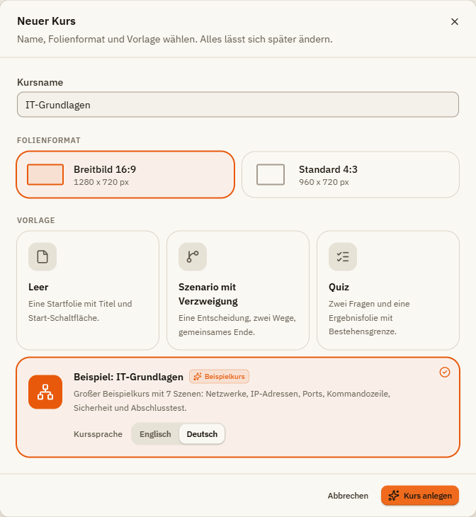 Das Fenster Neuer Kurs mit Kursname, Folienformat und dem ausgewählten Beispielkurs Beispiel: IT-Grundlagen