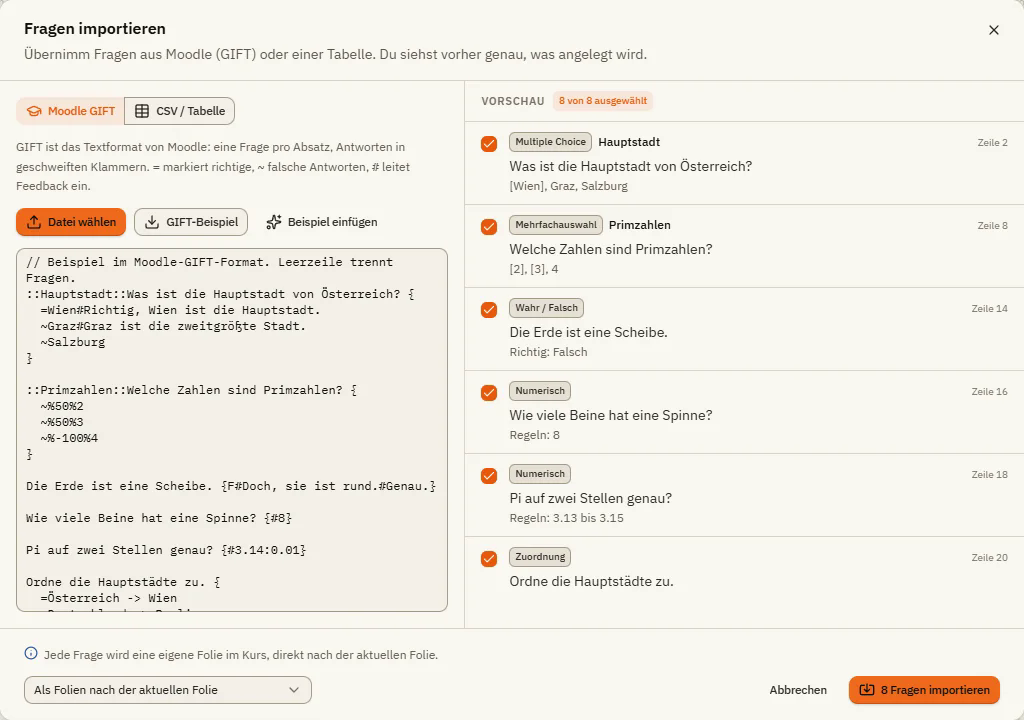 Das Fenster Fragen importieren mit GIFT-Text links und der Vorschau von acht erkannten Fragen rechts