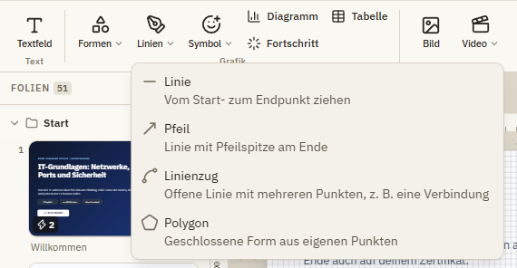 Das Menü Linien im Tab Einfügen mit Linie, Pfeil, Linienzug und Polygon