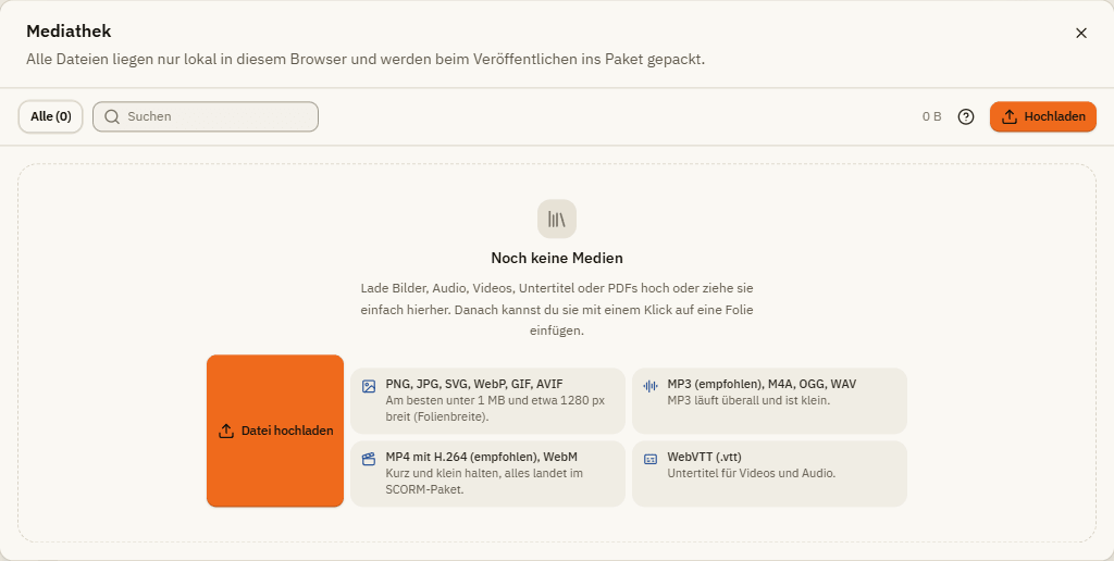 Die leere Mediathek mit den unterstützten Formaten für Bilder, Audio, Video und Untertitel
