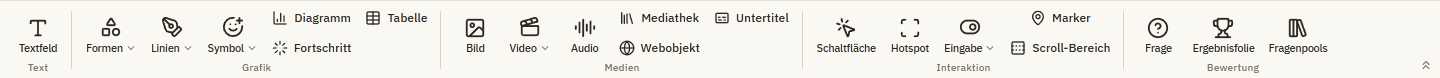 Der Tab Einfügen mit den Gruppen Text, Grafik, Medien, Interaktion und Bewertung