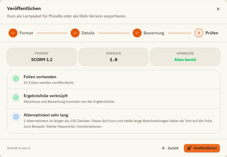 Schritt Prüfen mit Format, Version, Hinweisen und der Liste der Prüfungen