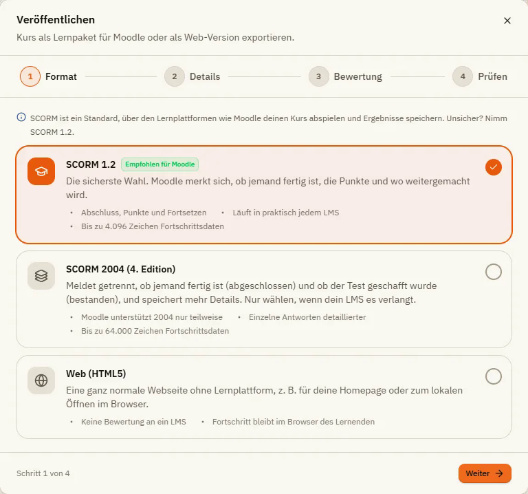 Schritt Format im Fenster Veröffentlichen mit SCORM 1.2 (empfohlen für Moodle), SCORM 2004 und Web (HTML5)