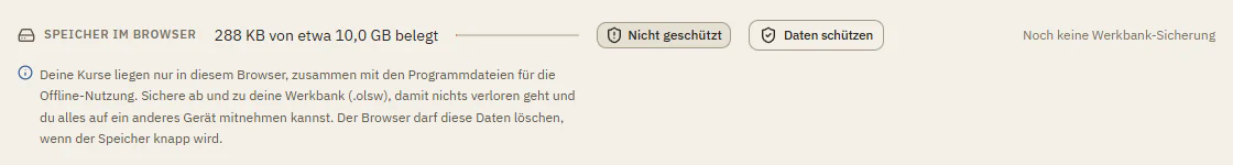 Der Bereich Speicher im Browser auf Meine Kurse mit belegtem Platz, dem Status Nicht geschützt und der Schaltfläche Daten schützen
