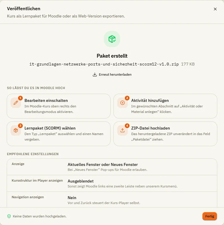Das Fenster Paket erstellt im Studio mit den vier Schritten für Moodle und den empfohlenen Einstellungen