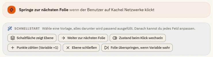 Schnellstart im Trigger-Fenster mit den sechs Vorlagen Schaltfläche zeigt Ebene, Weiter zur nächsten Folie, Zustand beim Klick wechseln, Punkte zählen, Ebene schließen und Folie überspringen