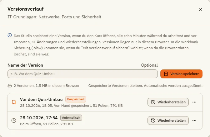 Das Fenster Versionsverlauf mit einer gespeicherten Version Vor dem Quiz-Umbau und einer automatischen Version