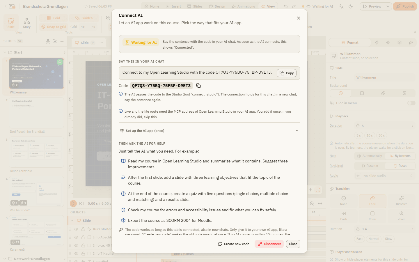 The Connect AI dialog after Start connection: the status Waiting for AI, the sentence with the code and ready-made requests
