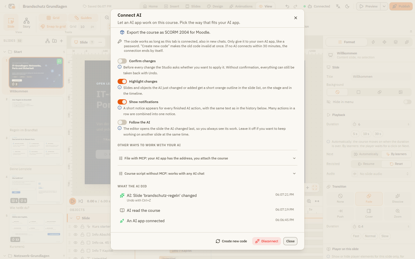The Connect AI dialog while connected: the switches Confirm changes, Highlight changes, Show notifications and Follow the AI, and the list What the AI did