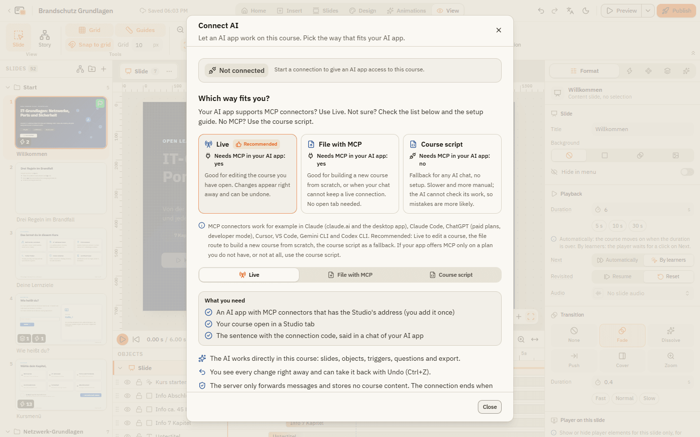 The Connect AI dialog with the three ways Live, File with MCP and Course script side by side