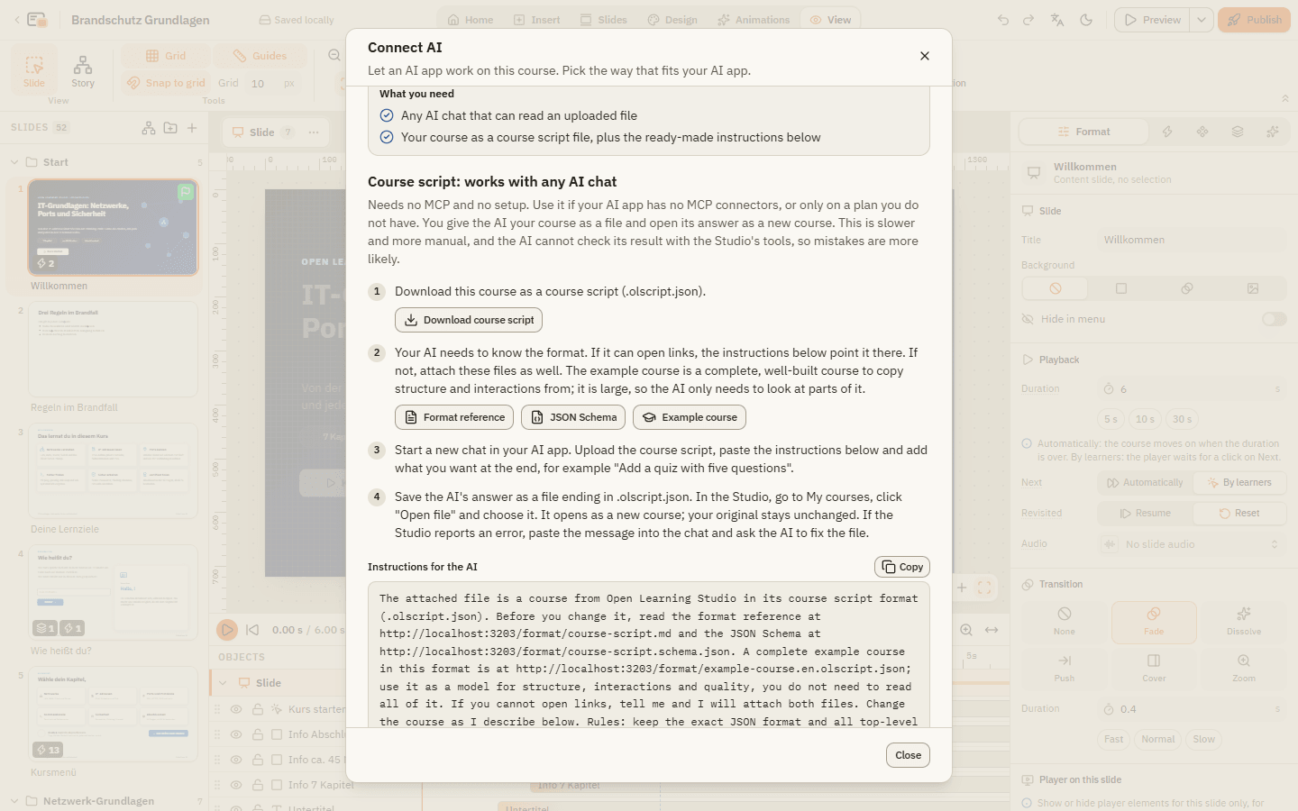 The course script way in the Connect AI dialog with the buttons Download course script, Format reference, JSON Schema and Example course