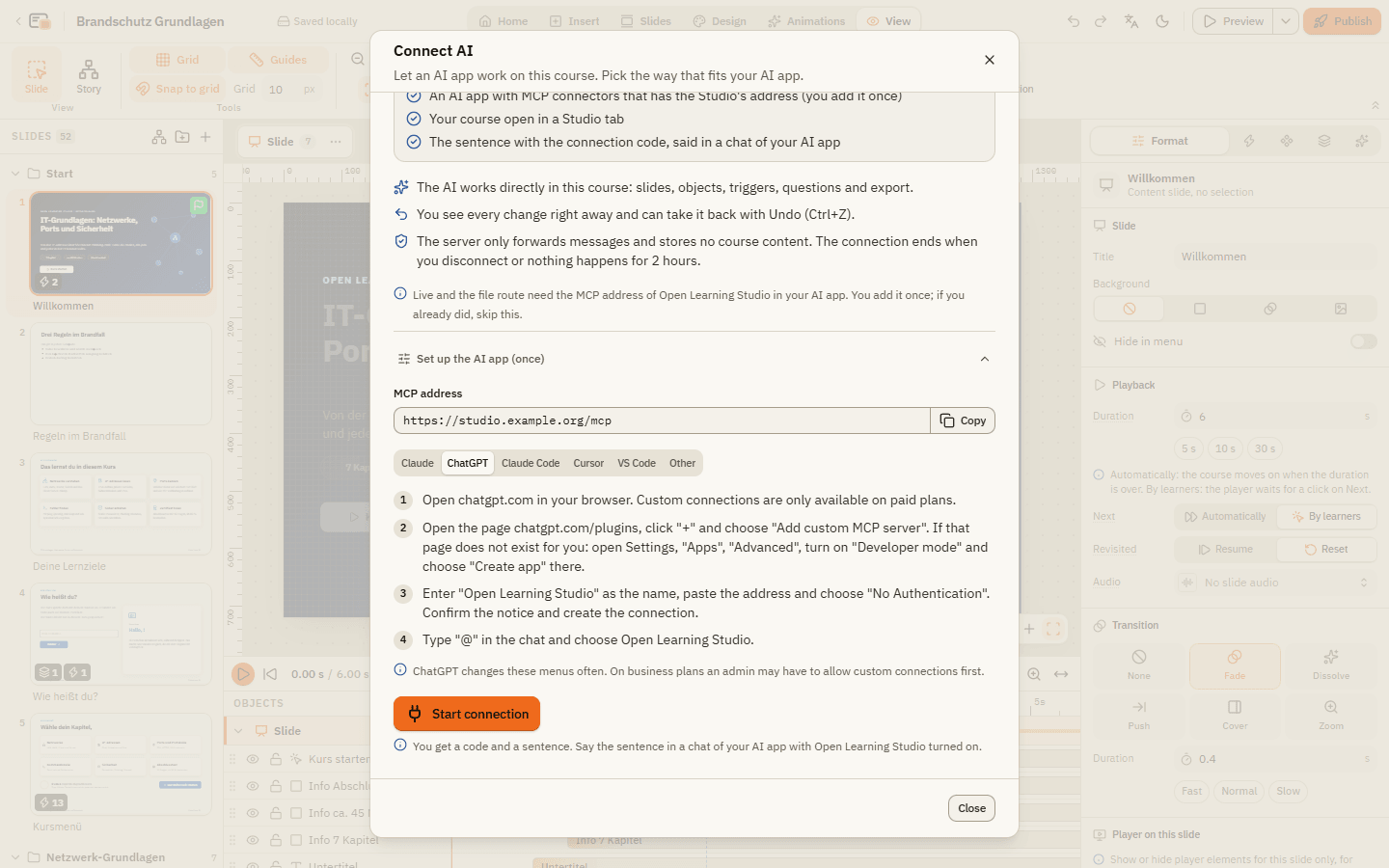 The ChatGPT steps in the Connect AI dialog