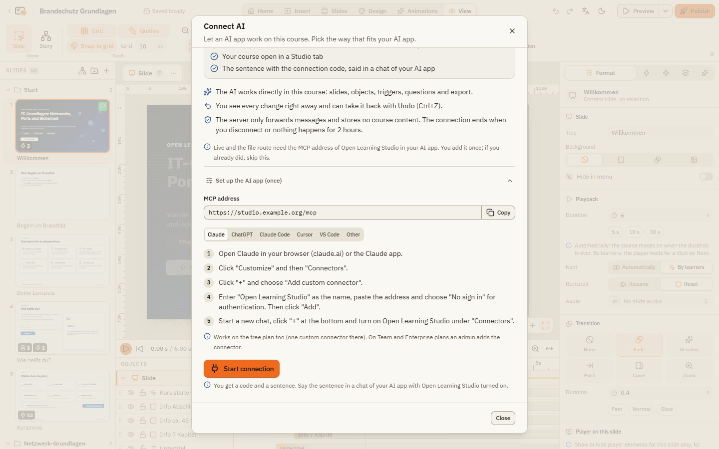 The setup in the Connect AI dialog: the MCP address with a Copy button, the app choice and the steps for Claude