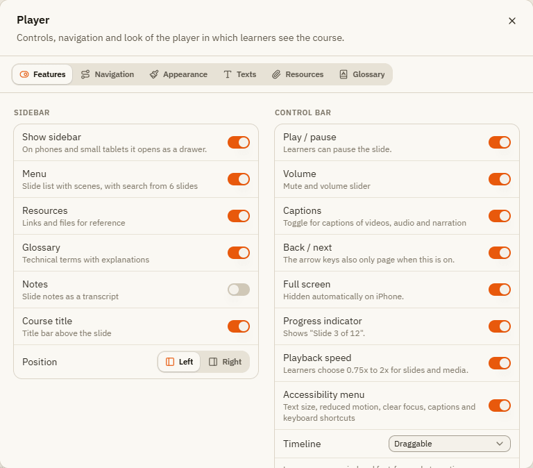 The Player window, tab Features, with the switches for sidebar and control bar