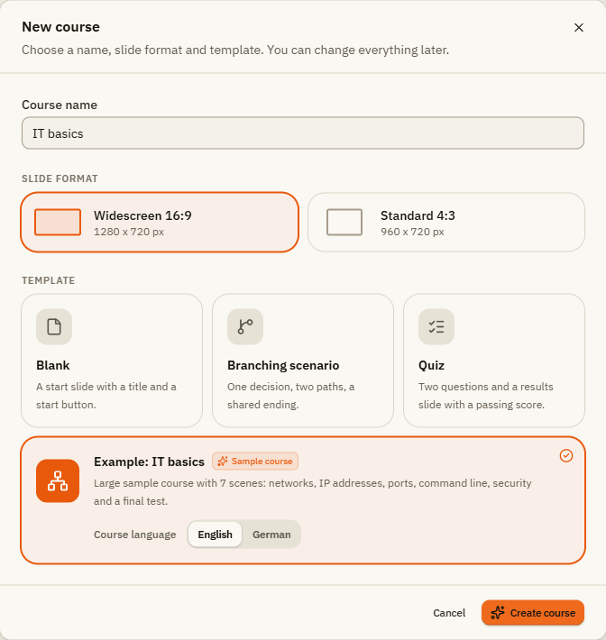 The New course window with name, slide format and the sample course Example: IT basics selected