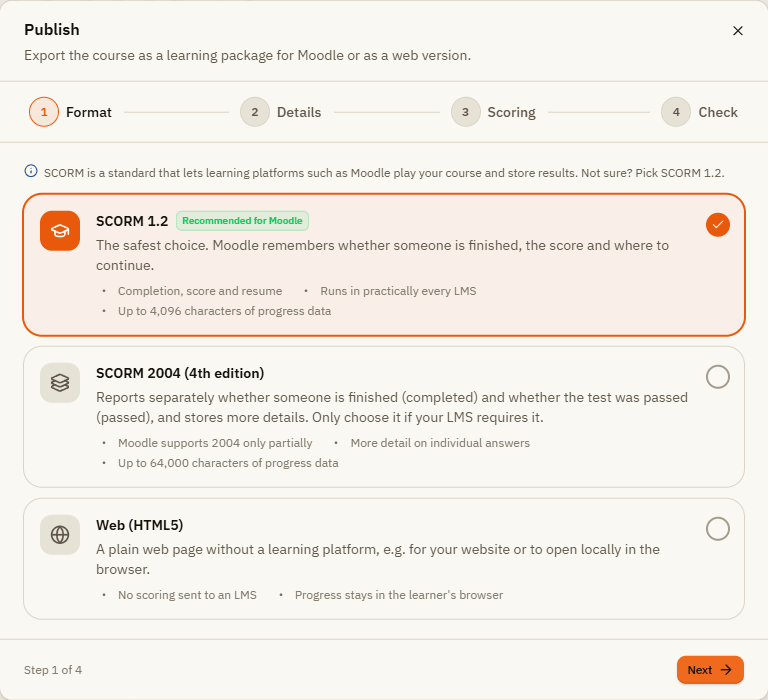 The Publish window, step Format, with SCORM 1.2 selected
