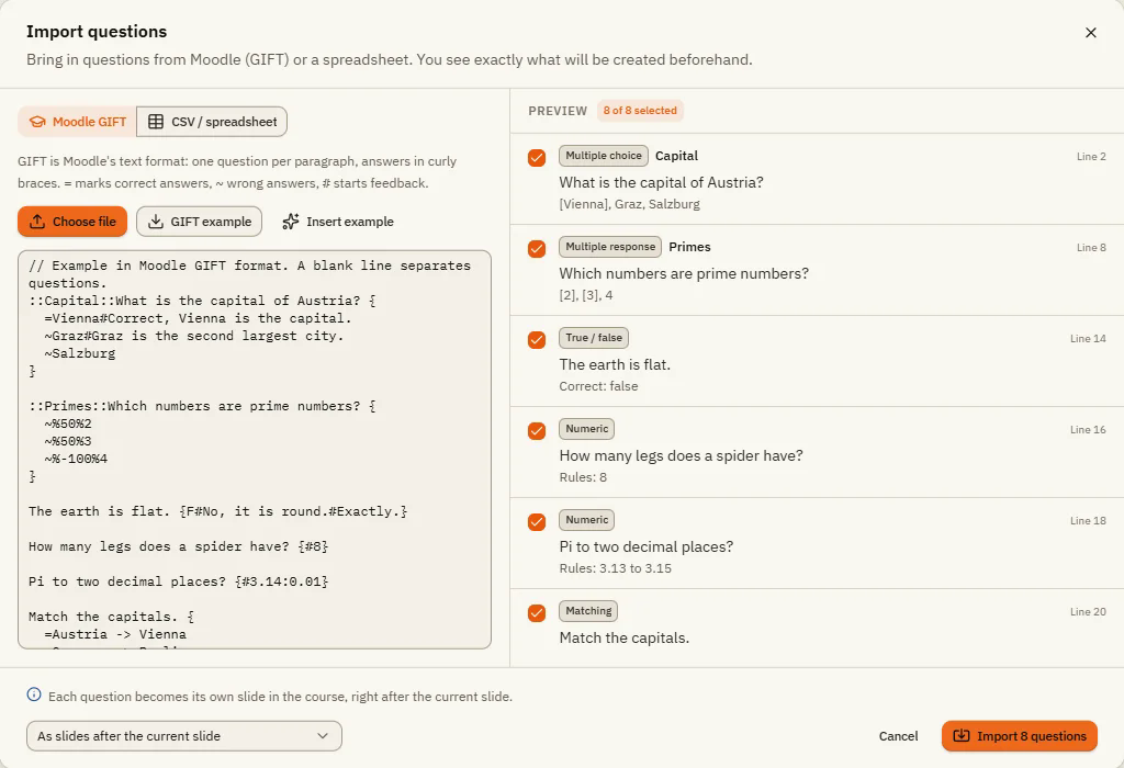The Import questions window with GIFT text on the left and the preview of eight recognized questions on the right