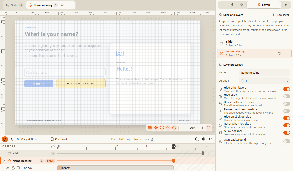 The sample course with the layer "Name missing" selected: hint box on the slide, layer properties on the right and the layer's timeline below