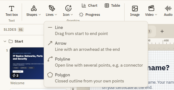 The Lines menu on the Insert tab with Line, Arrow, Polyline and Polygon