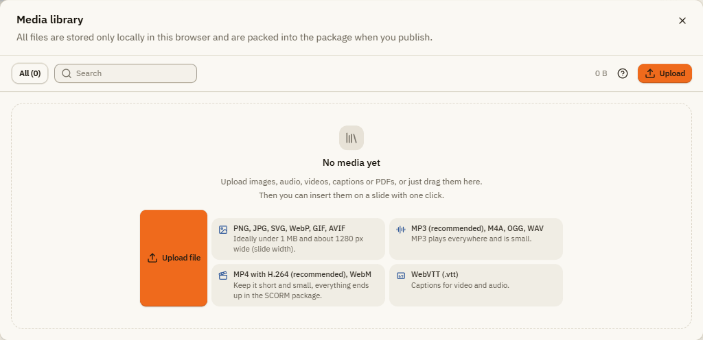 The empty media library with the supported formats for pictures, audio, video and captions