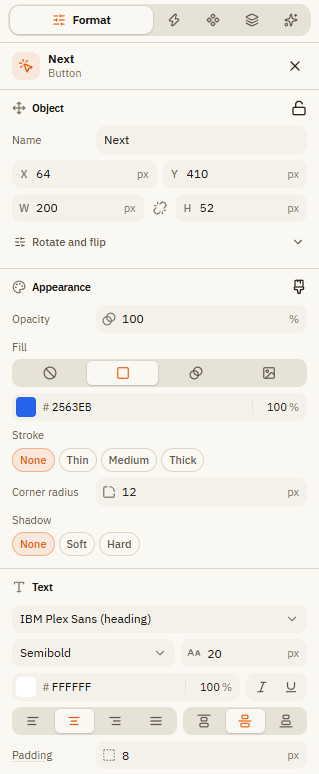 The Format tab of a button with the sections Object, Appearance and Text