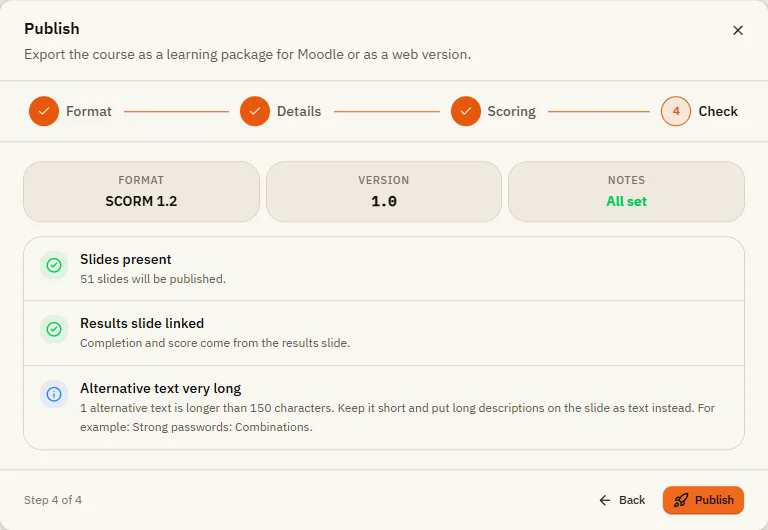 Step Check with format, version, notes and the list of checks
