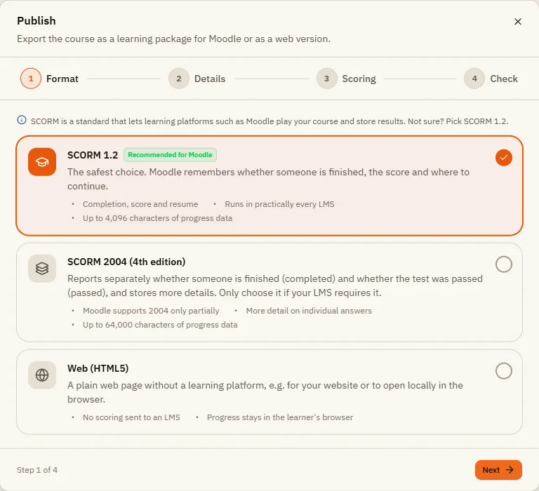 Step Format of the publish window with SCORM 1.2 (recommended for Moodle), SCORM 2004 and Web (HTML5)