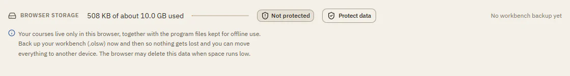 The Browser storage area on My courses with used space, the status Not protected and the button Protect data