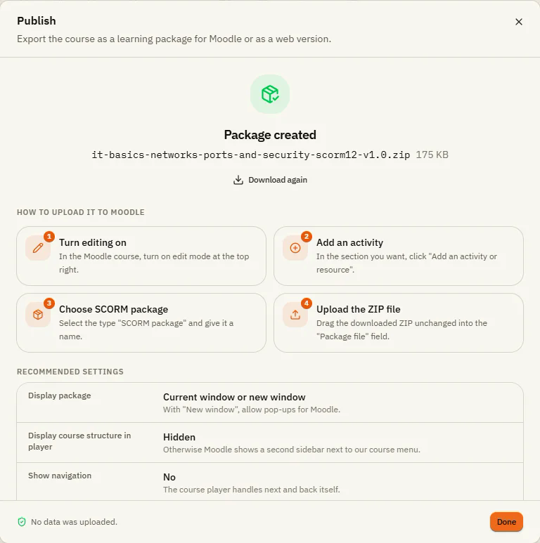 The Package created window in the Studio with the four steps for Moodle and the recommended settings