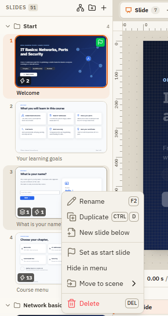 Right-click menu of a slide in the slide list, with Rename, Duplicate, New slide below, Set as start slide, Hide in menu, Move to scene and Delete