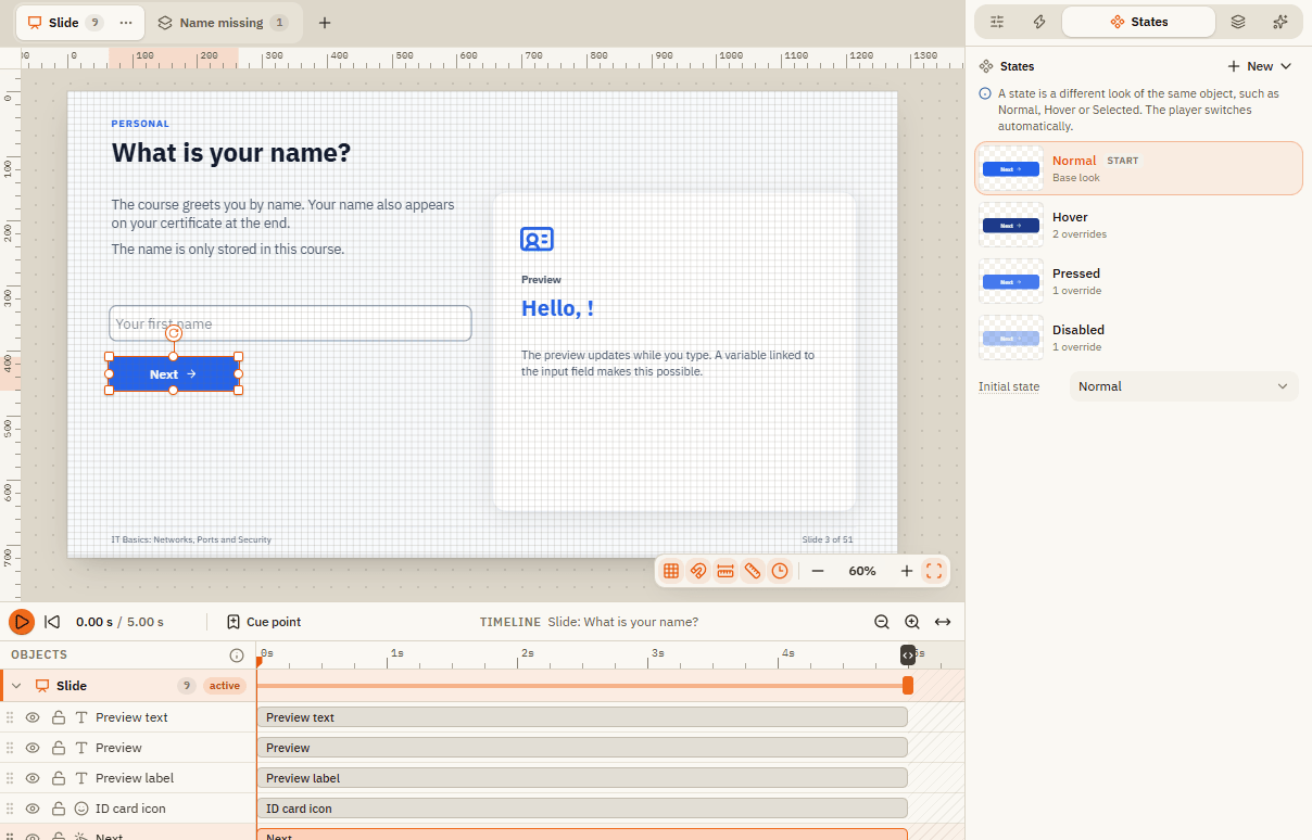 A selected button with its states Normal, Hover, Pressed and Disabled on the right, and the slide's timeline below