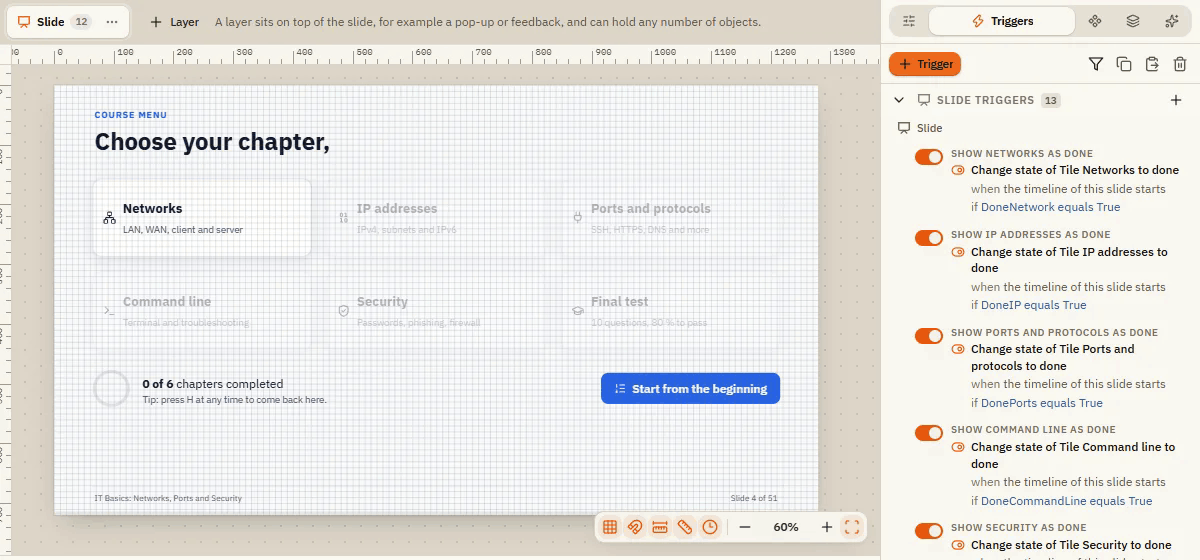 The Triggers tab of the sample slide Course menu: the slide on the left, the list of slide triggers with on/off switches on the right